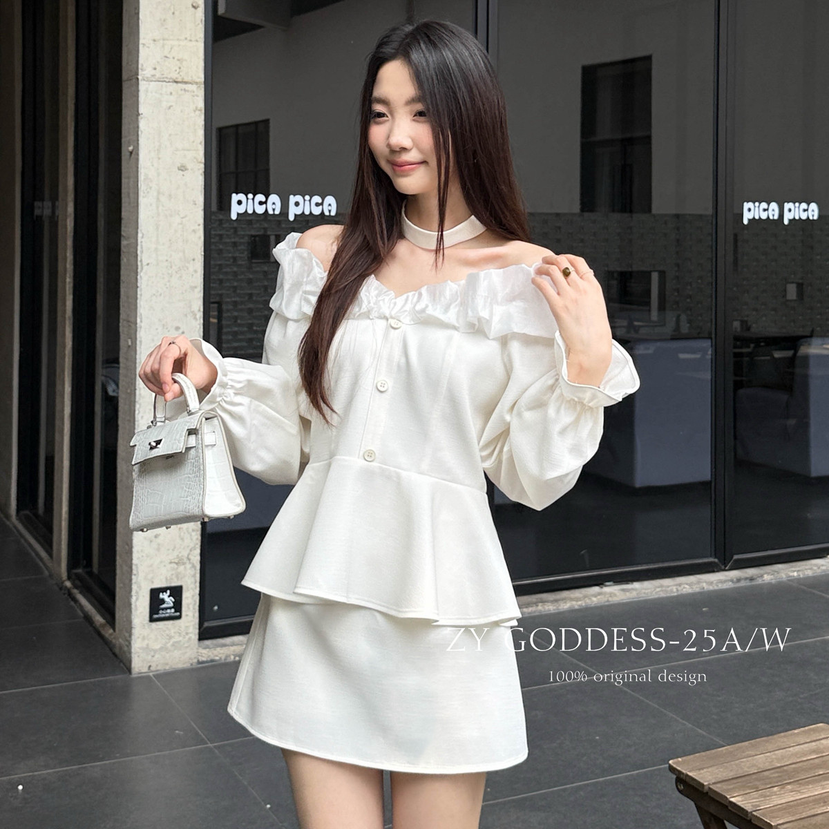 ZY GODDESS-千金风一字肩云朵边小衫+高腰短裙半身裙套装(配围脖)