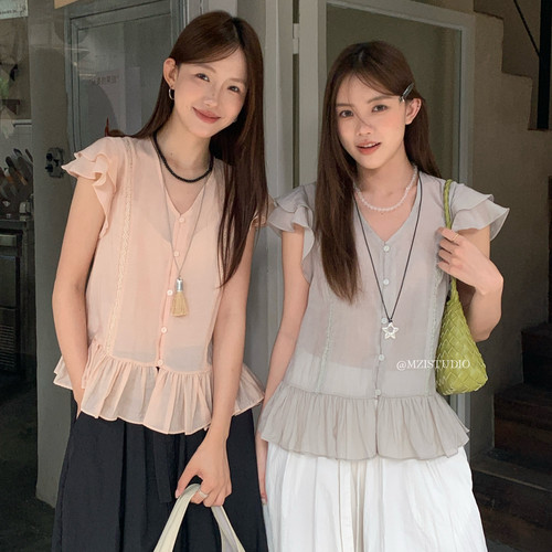 MZI STUDIO-境韩感夏日荷叶边飞飞袖钮扣精致温柔淑女小衫157587#