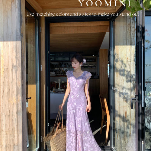 YOOMINI-叶袖修身A摆温柔度假风印花2026早春连衣裙YS1-M16747-SW