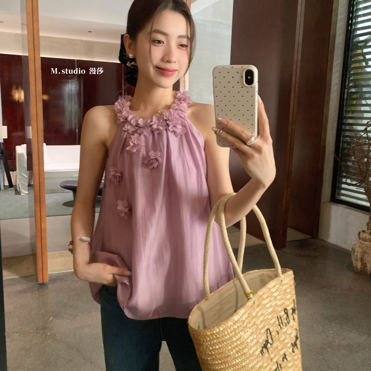 MSTUDIO漫莎-上新蔷薇少女仙女温柔气质立体花挂脖背心小衫X2009