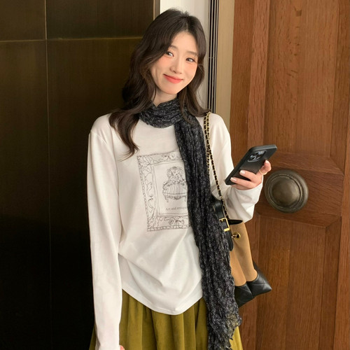 SUSAN-搭密码韩系复古椅子印花宽松慵懒百搭长袖T恤(配飘带)6303s
