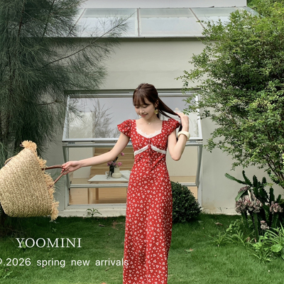 YOOMINI-花泡泡袖修身淑女田园度假风长裙26年夏连衣裙Y10976-DSY