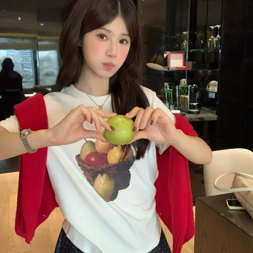 SUSAN-审美在线复古油画水果篮印花艺术感做旧百搭短袖T恤6607s