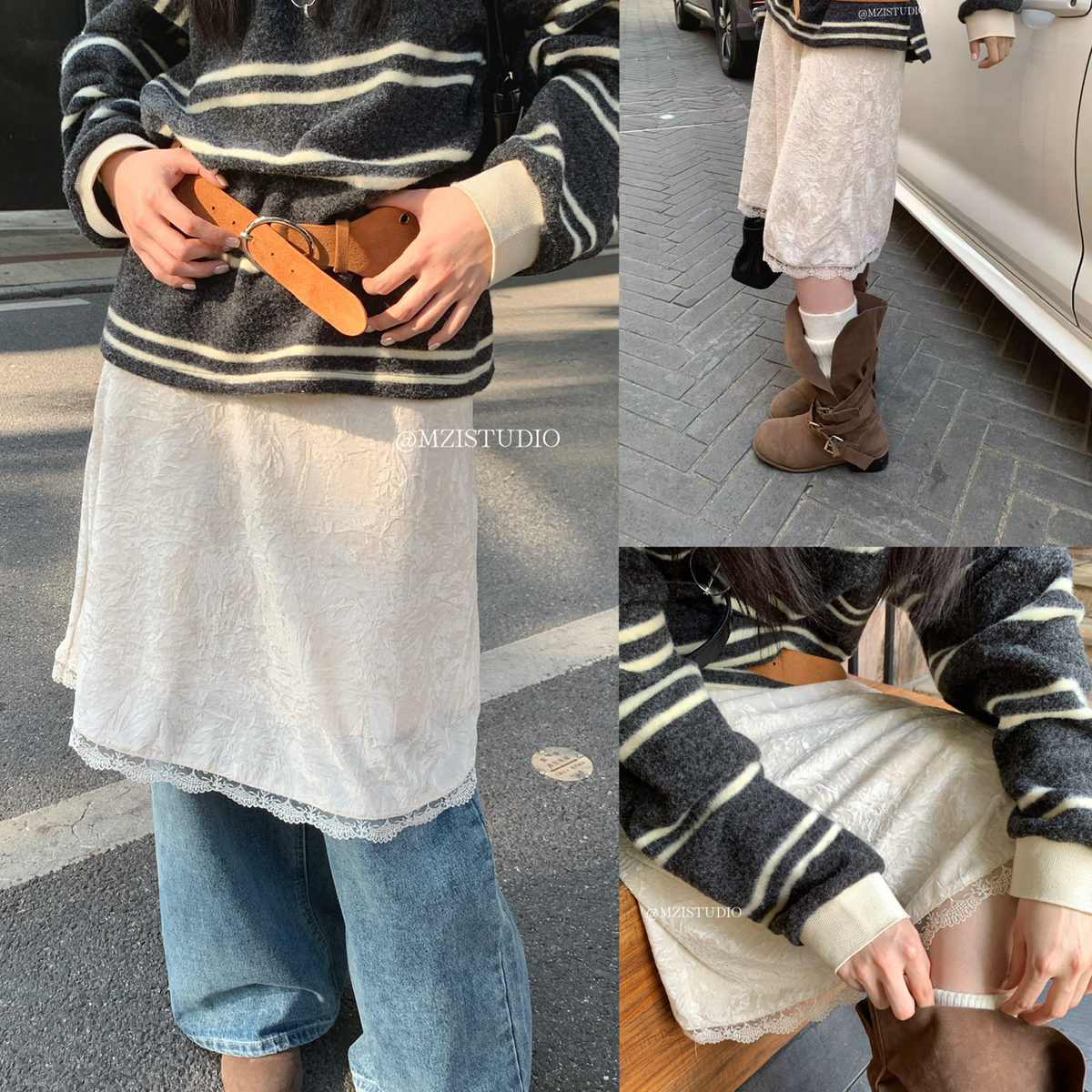 MZI STUDIO-美千金韩感冬日丝绒奢华气质蕾丝拼接高腰拉链半身裙