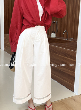 GRACETINA HOO-高密贡缎拼纱简约大气廓形九分休闲裤(100棉)KA279