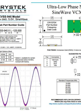 CRYSTEK CVSS-945X-100.000 yVCXO 5V SINE WAVE 100MHZ 100M 飞