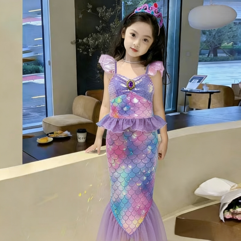 美人鱼公主裙女童亮片鱼尾连衣裙生日礼服裙儿童紫色吊带裙子夏季