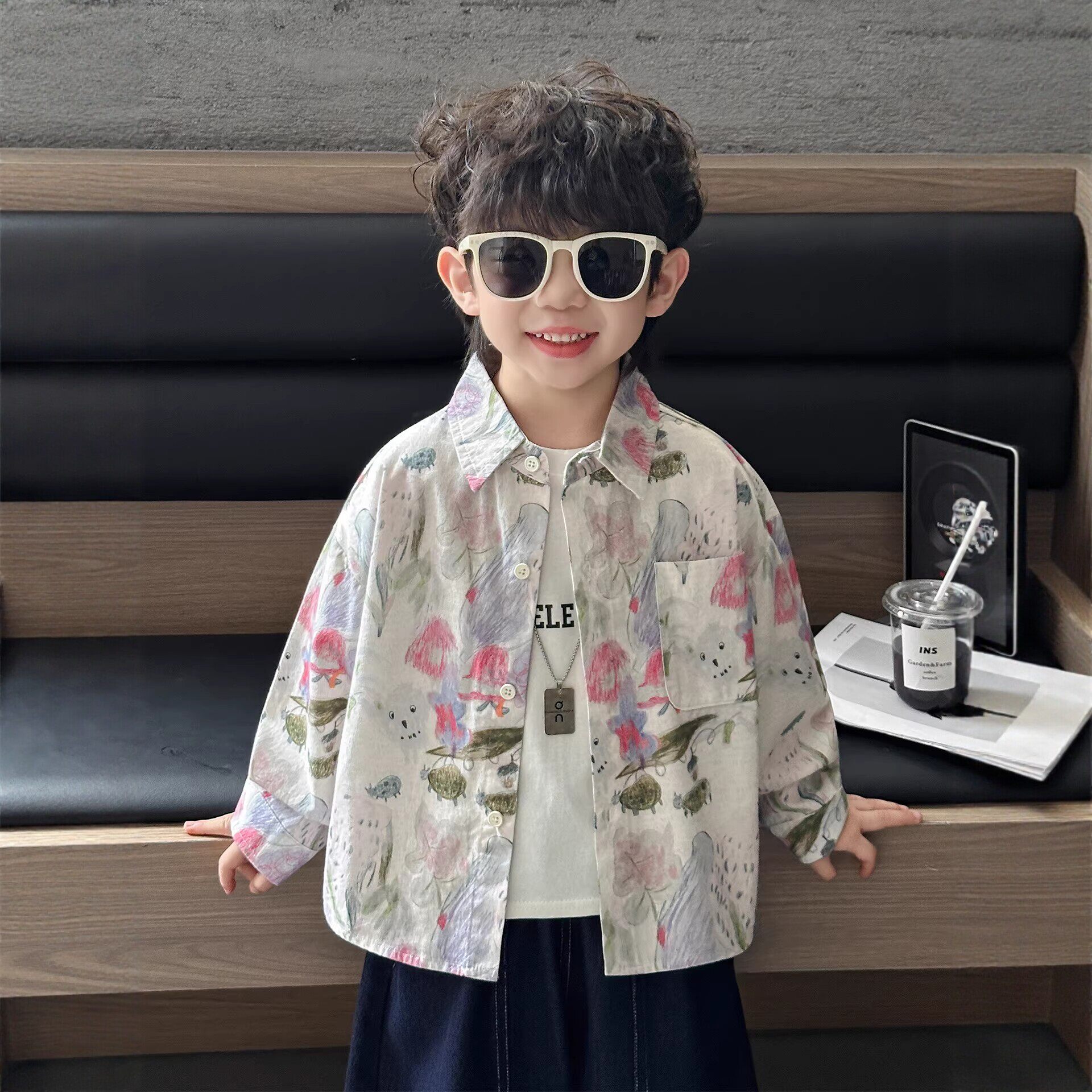 男童港风纯棉花衬衫春装2026新款儿童涂鸦衬衣宝宝全棉长袖外套薄