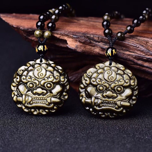 天然金曜石石敢当吊坠睚眦男女毛衣链黑曜石男女项链吉祥物挂件