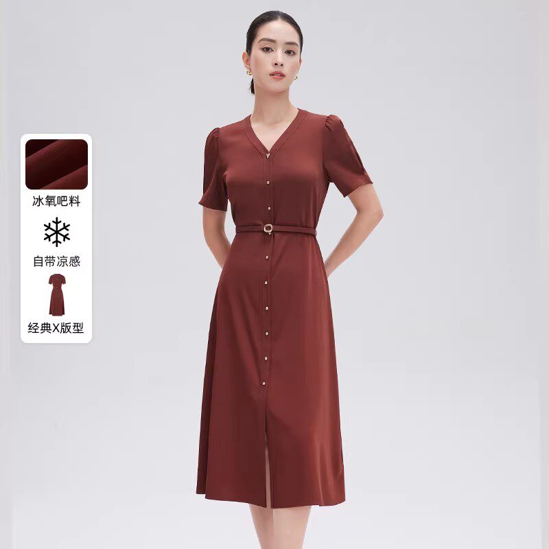 【限时折扣】赢智尚夏款冰凉收腰显瘦V领安可拉红优雅通勤连衣裙