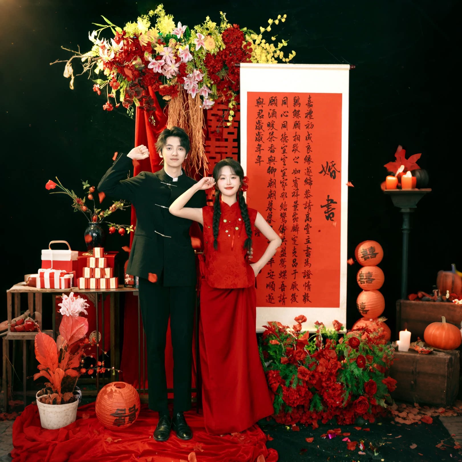 订婚书卷轴超大悬挂式拉绳中式婚书聘书送日子订婚宴布置挂画定制
