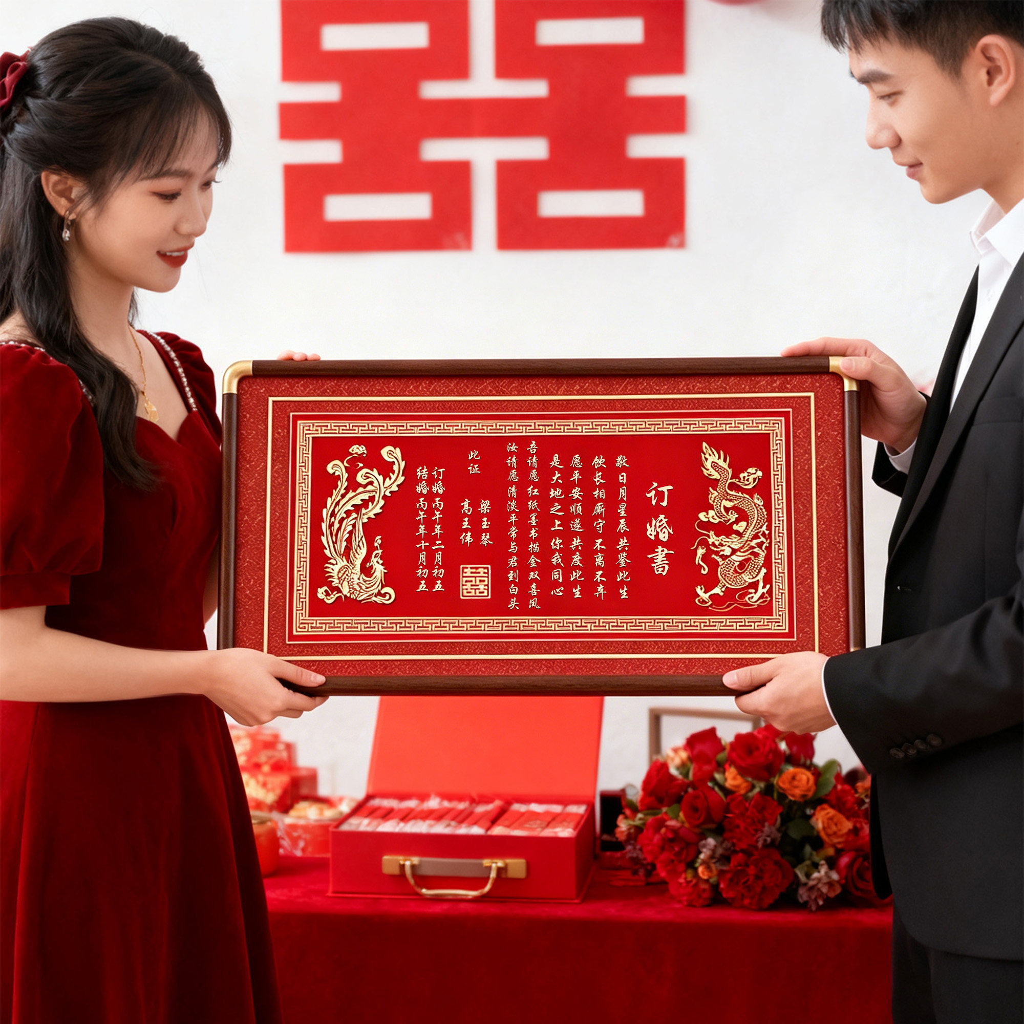 铜制婚书订婚书高级感铜板雕刻结婚订婚宴定制布置装饰送日子聘书