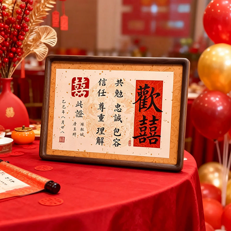 订婚书中国风定制中式指印摆件婚书高端复古相框摆台仪式感下聘书