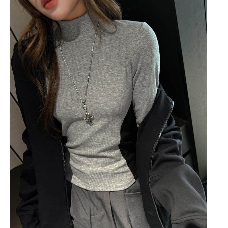 半高领拼接撞色显腰细秋冬季内搭打底衫女长袖正肩t恤高级感上衣