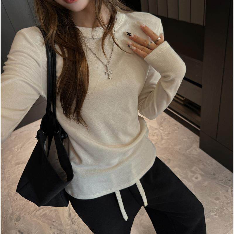 2025秋冬季德绒小 圆领长袖内搭打底衫女百搭可外穿高级感正肩t恤