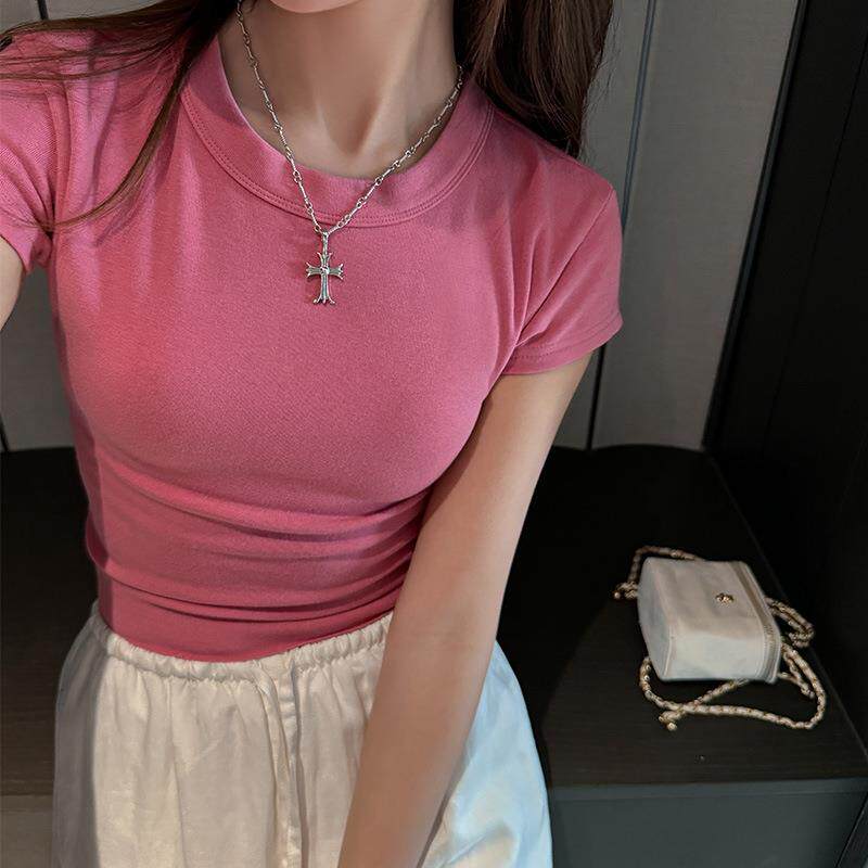 夏季新款纯色圆领纯欲风辣妹短袖T恤女性感百搭可外穿短款上衣