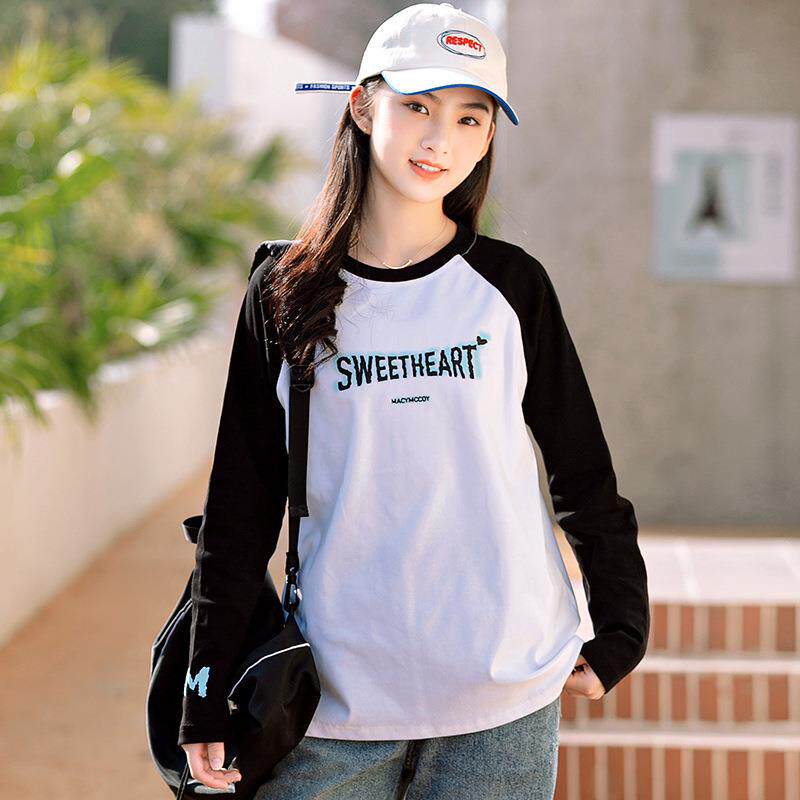 3018春季新款少女上衣初高中学生运动休闲字母韩版学院风打底衫