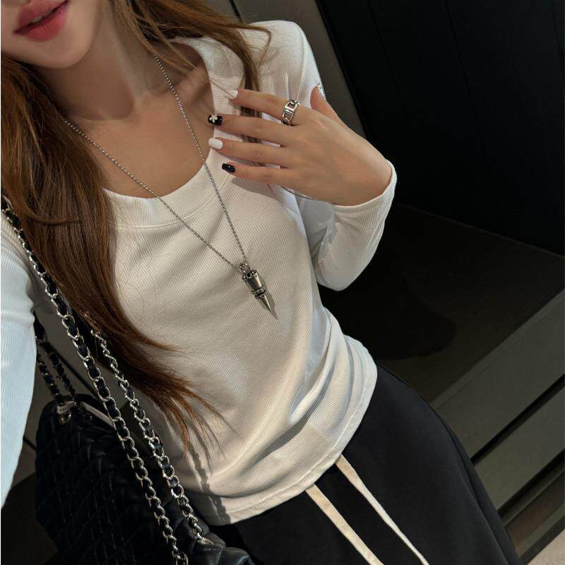 秋冬季大圆领螺纹修身显瘦正肩t恤女内搭打底衫可外穿高级感上衣