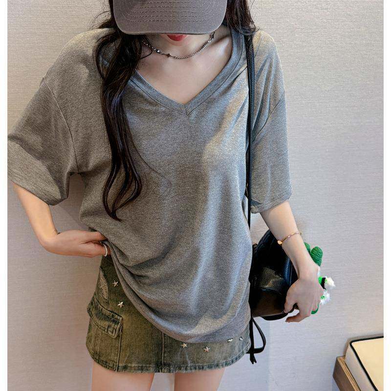 现货欧货大版型宽松基础款短袖t恤女式夏季落肩2025V领上衣莫代尔