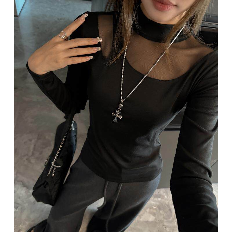 天丝莱赛尔网纱镂空拼接韩系打底衫女内搭秋冬可外穿百搭上衣t恤