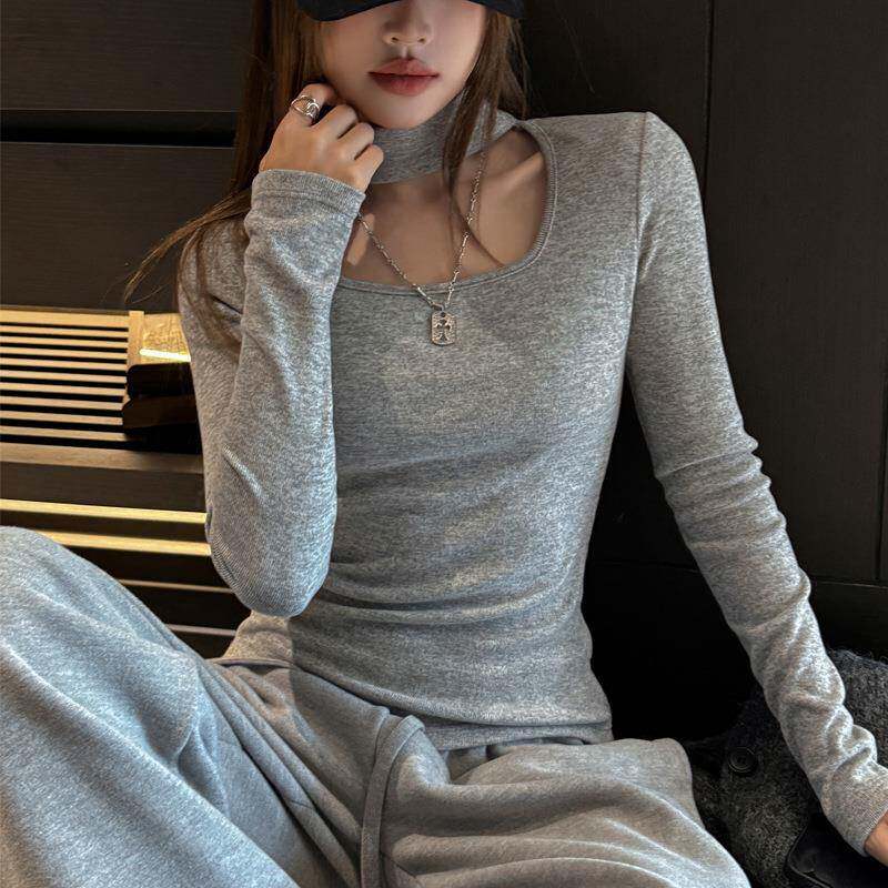 仿羊绒挂脖中领秋冬长袖打底衫女士内搭正肩t恤可外穿设计感上衣