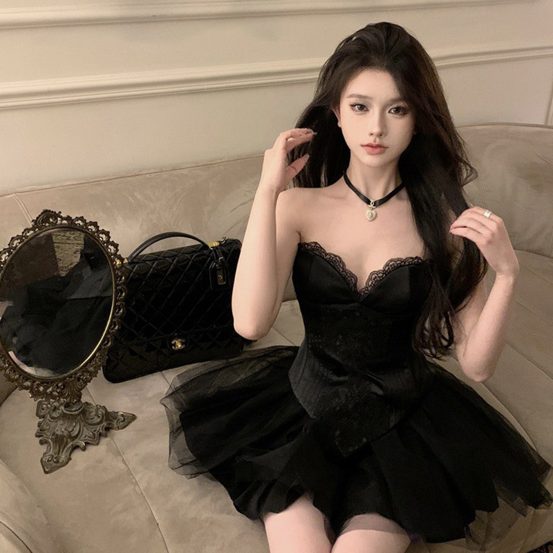 外贸出口捡漏特价复古辣妹套装性感蕾丝抹胸背心女夏季裙子高腰蓬