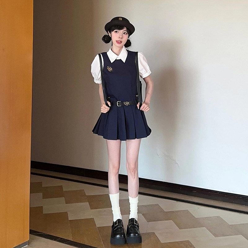 外贸出口捡漏特价学院风白色衬衫短袖上衣短裙子两件套装无袖背心