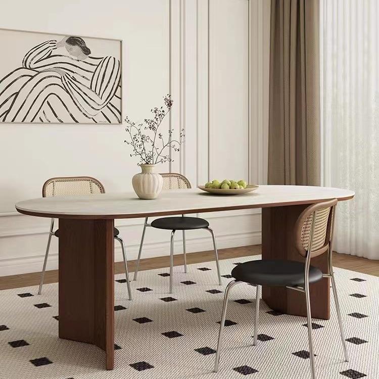 洞石岩板餐桌椅白蜡木轻法式中古侘寂风实木小户型椭圆设计师餐桌