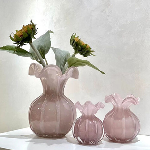 网红花边福袋琉璃花瓶摆件客厅插花玻璃透明水培养轻奢家用 新款