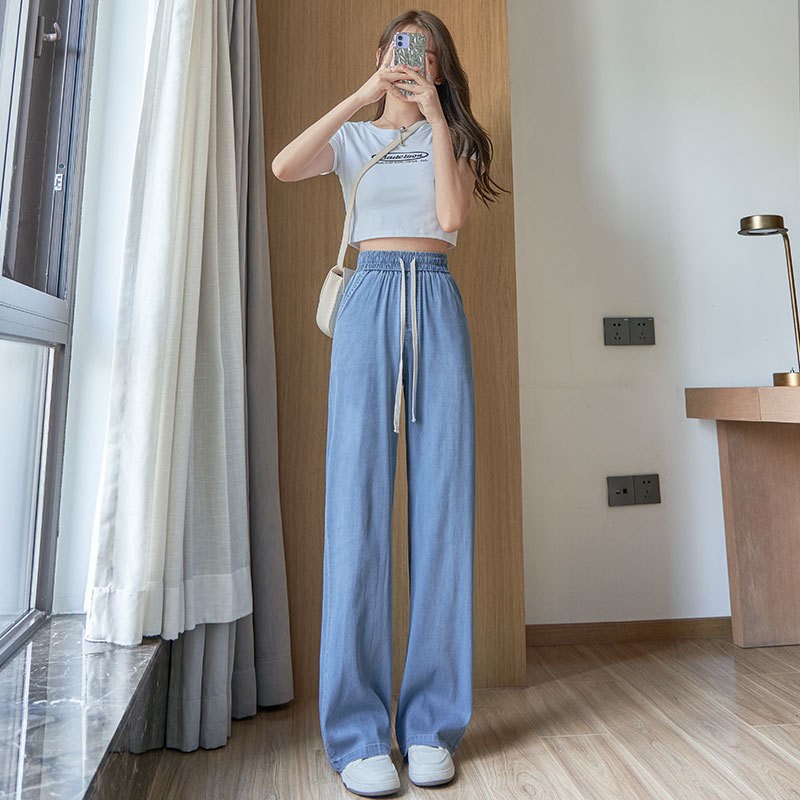 天丝牛仔裤女2025年r夏季薄款高腰显瘦冰丝窄版直筒垂感拖地阔腿
