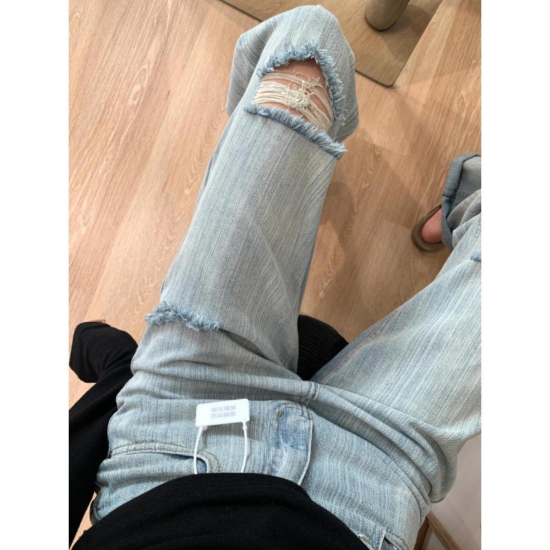 美式高街破洞牛仔裤女薄款设计感小众显瘦直筒宽松U浅蓝色阔腿裤