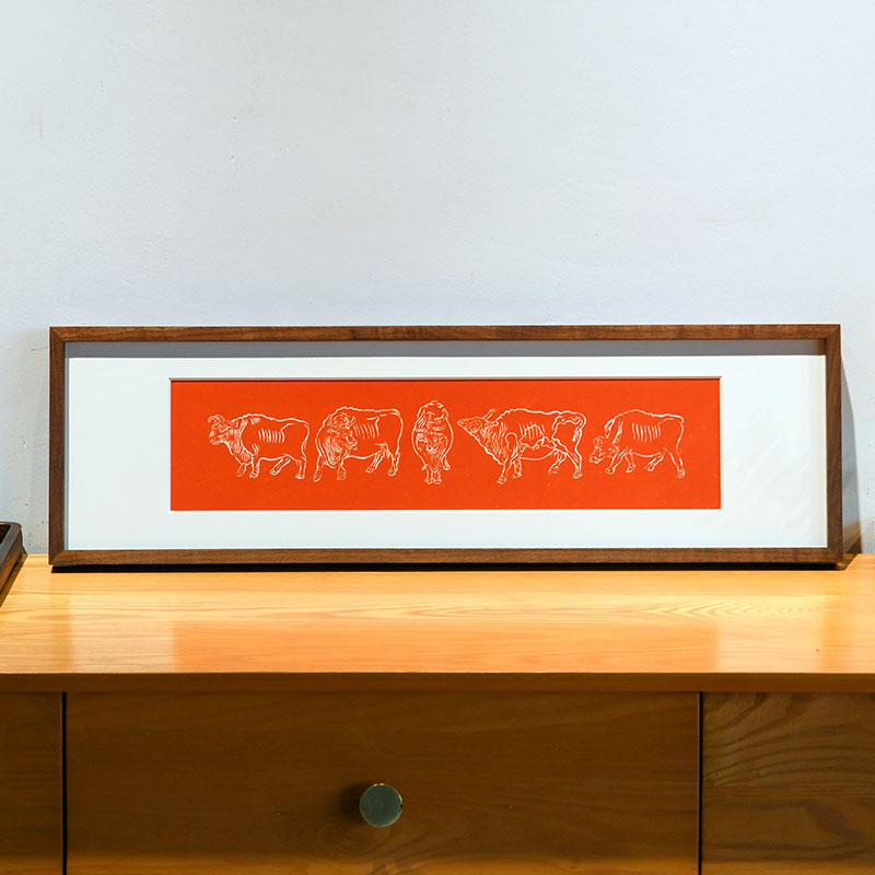 五牛图装饰画好寓意新中式书房家居壁画入户门口玄关柜上摆画实木图片