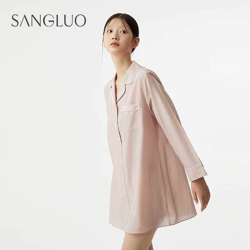 桑罗桑蚕丝丝棉衬衫式睡裙男友风睡衣家居服休闲宽松宅家起居服