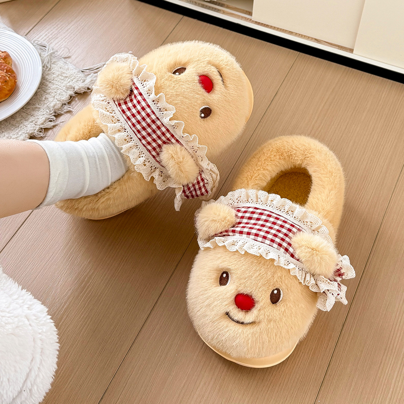 黄油小熊棉拖鞋女卡通可爱毛绒厚底冬季保暖防滑包跟拖鞋女款
