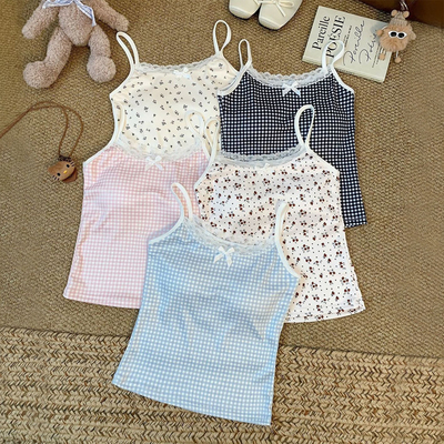 甜辣妹碎花蕾丝边吊带小背心