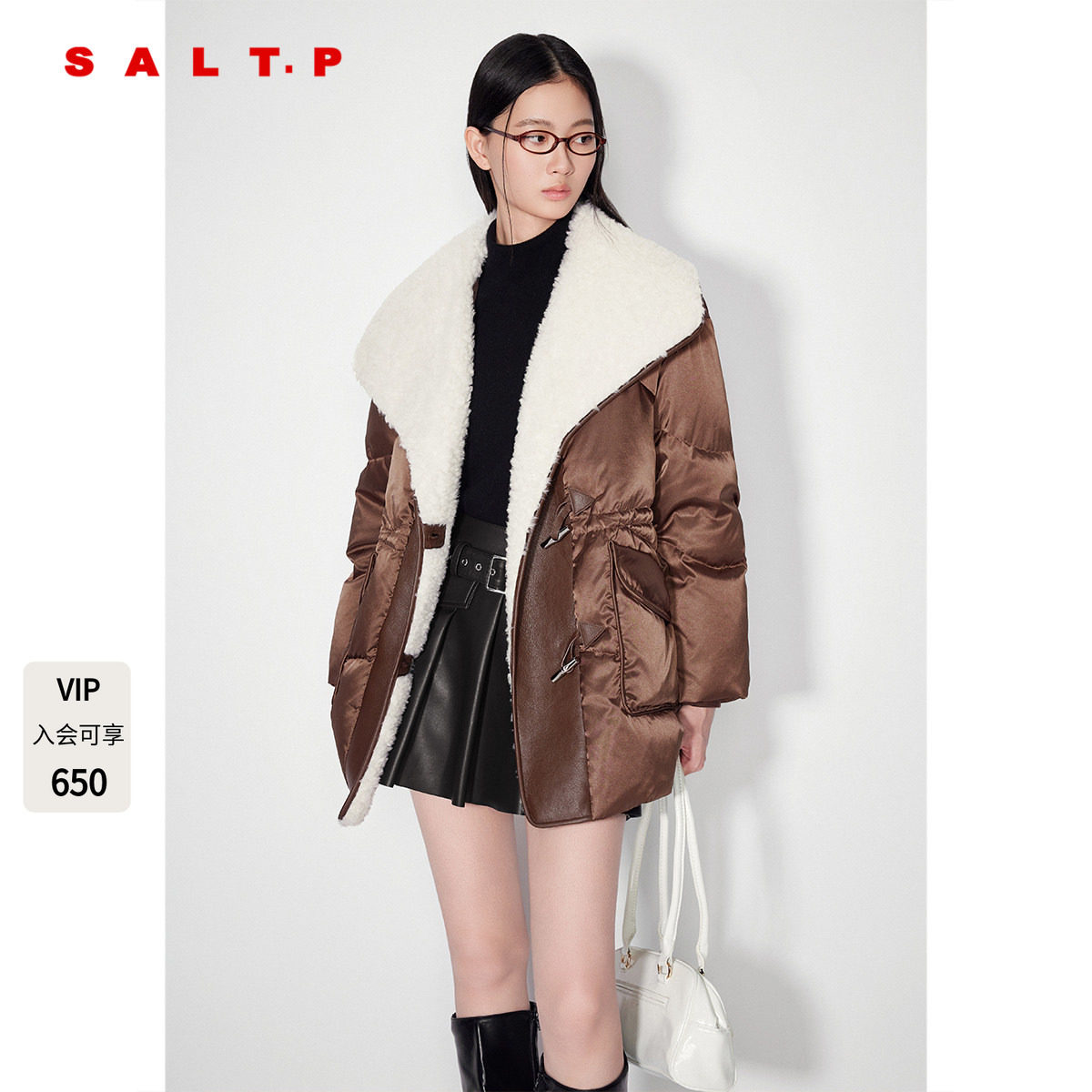 SALT.P可颜2024年冬季新款真丝光泽缎面感羊毛大翻领收腰羽绒服女