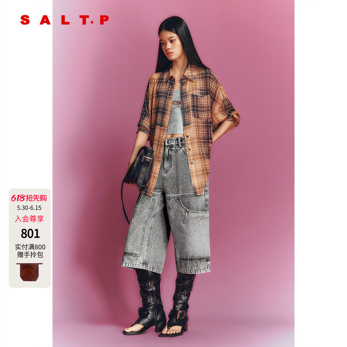 SALT.P可颜【男女同款】乔其纱格纹衬衫宽松2026夏新款AC36230050