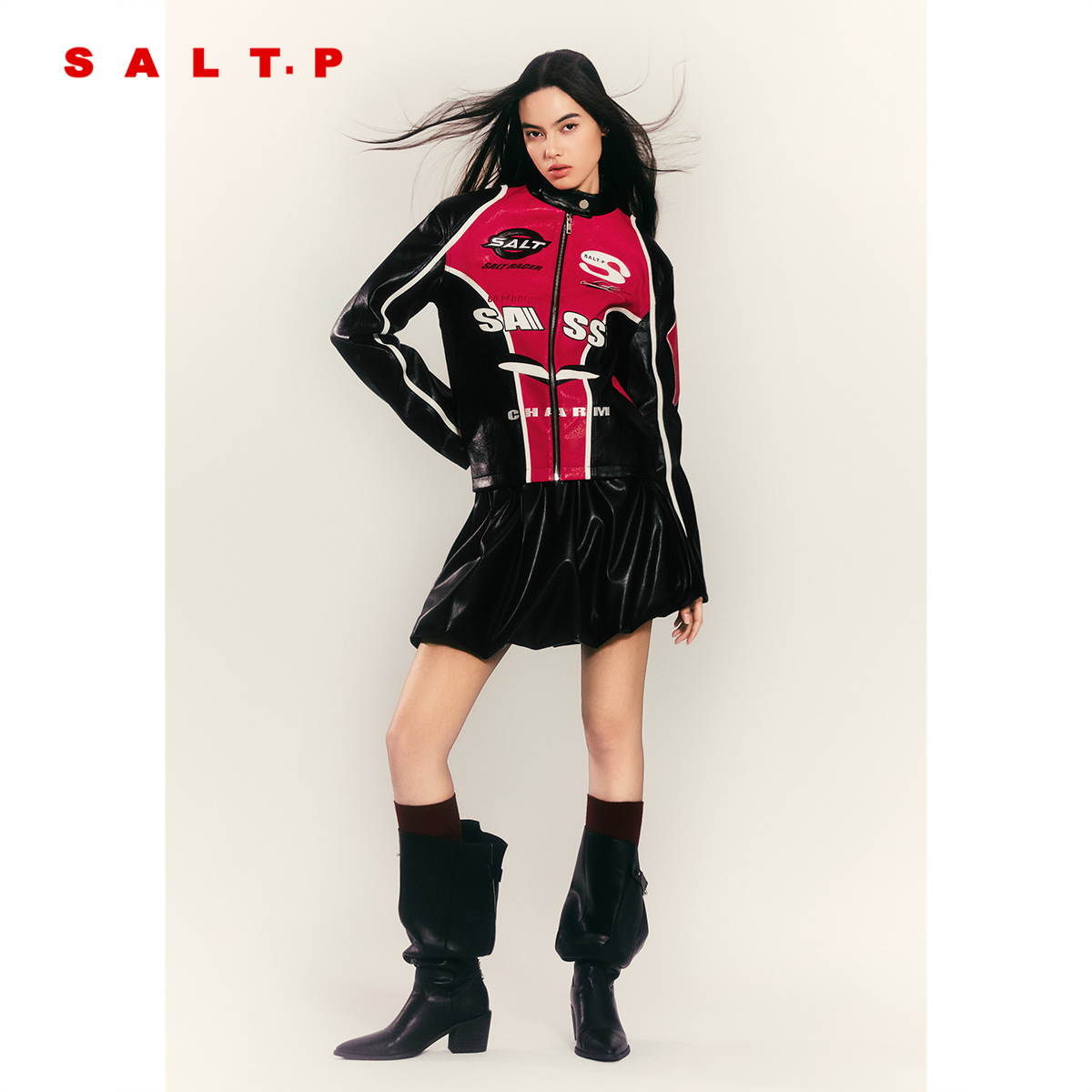 SALT.P可颜黑色花苞皮裙松紧腰a字半身短裙2025冬新款AC35550110