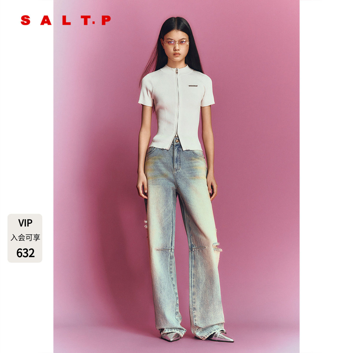 SALT.P可颜白色双头拉链短袖针织开衫上衣女2026夏新款AC36206180图片