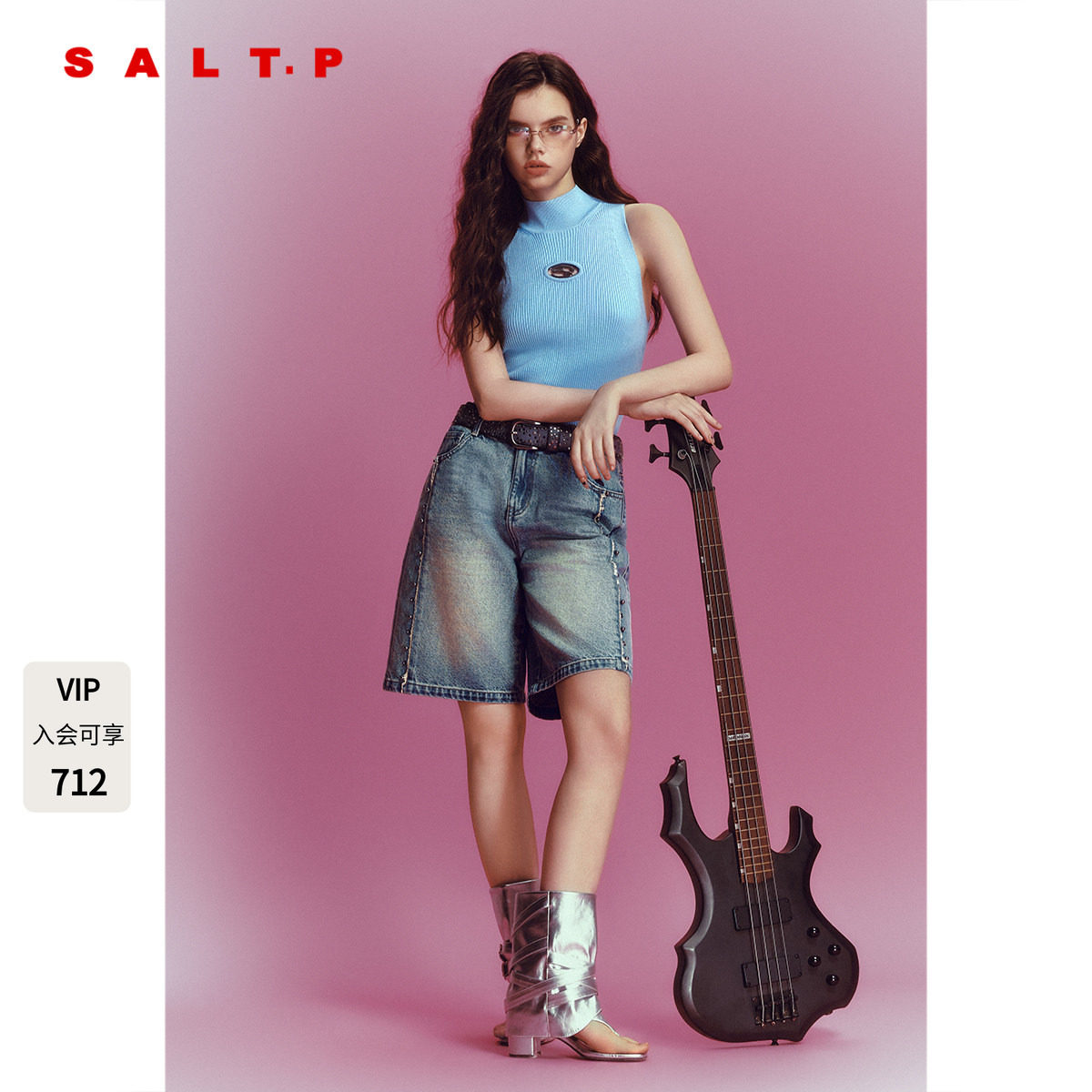 SALT.P可颜复古石灰蓝撞钉毛边牛仔中裤2026年夏季新款AC36220160 - 实物图