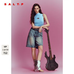 SALT.P可颜复古石灰蓝撞钉毛边牛仔中裤2026年夏季新款AC36220160