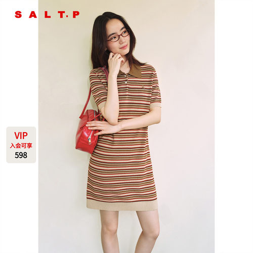 SALT.P可颜MIU系条纹醋酸棉polo领短袖针织连衣裙短款AC35206130
