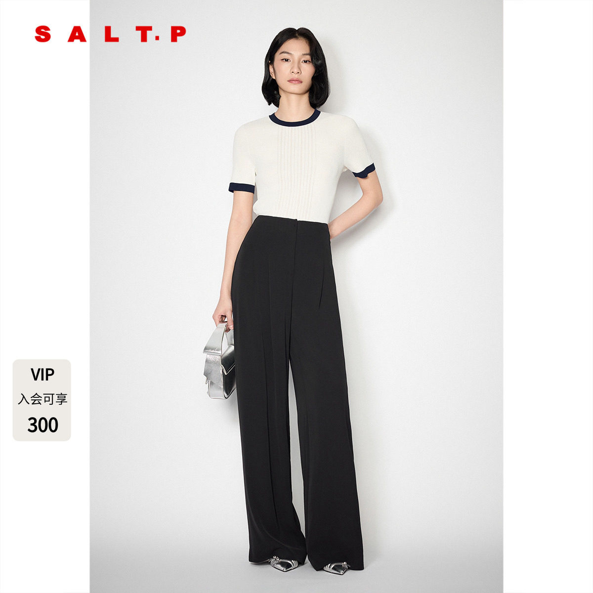 SALT.P可颜白色短袖针织衫女合身基础款曲珠面料AC35206260图片