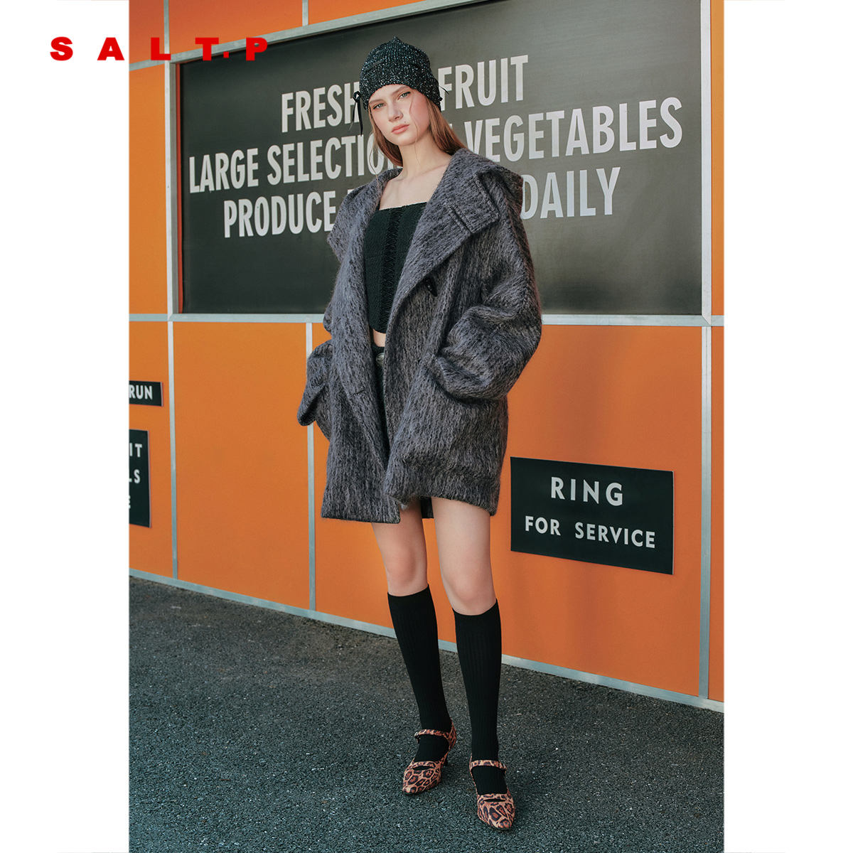 SALT.P可颜马海毛羊毛牛角扣连帽大衣外套女2025冬新款AC35580020