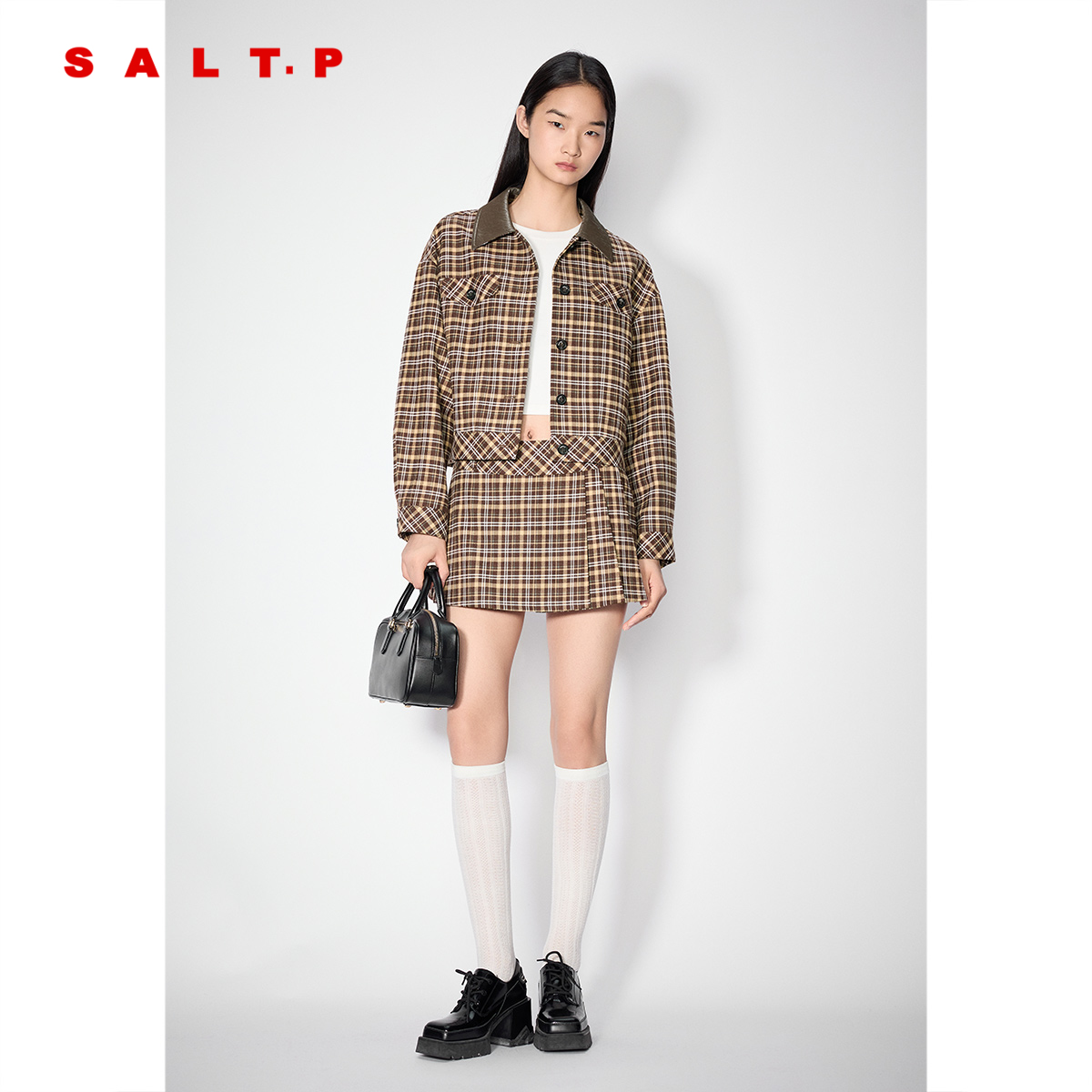 SALT.P可颜2025年秋季新款MIU系翻领格纹短外套女AC35310140