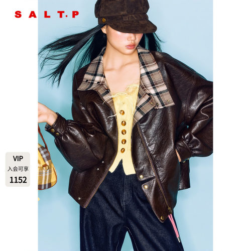 SALT.P可颜巴恩风格纹立领pu皮衣外套女宽松2025冬新款AC35510240