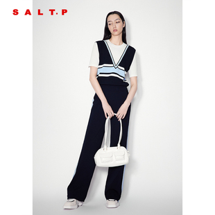 SALT.P可颜2024年夏季 针织T恤女 新款 学院风拼接假两件短袖