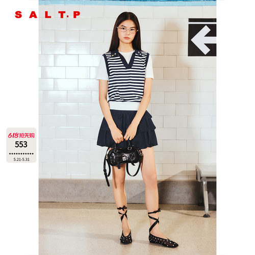 SALT.P可颜航海系条纹假两件针织短袖女夏季薄款上衣AC36106340