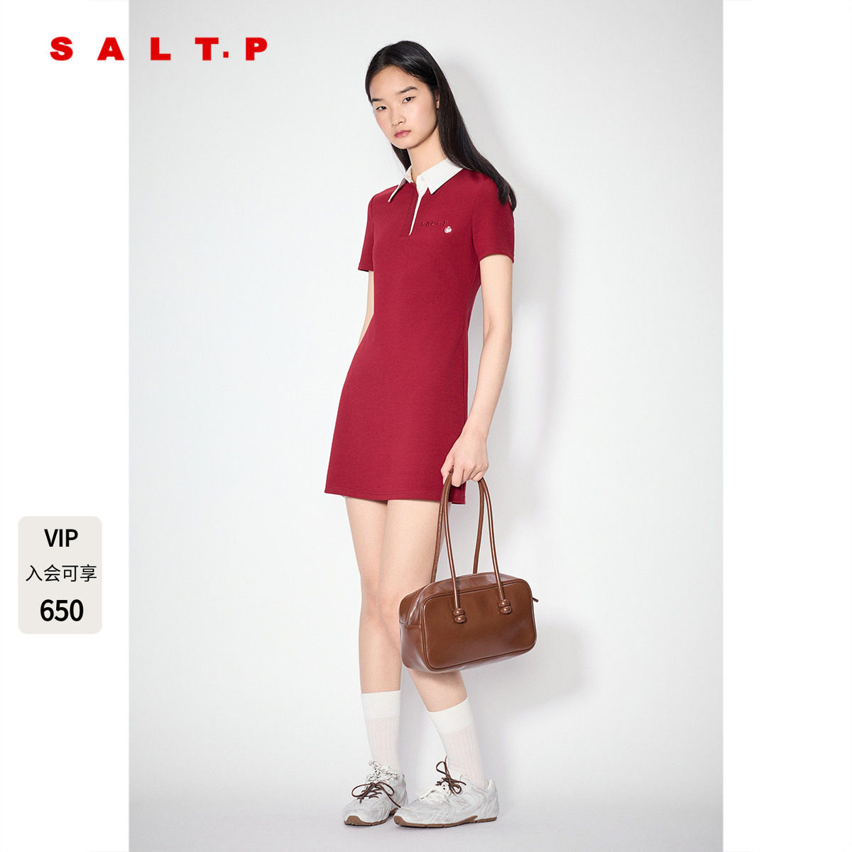 SALT.P可颜酒红色polo连衣裙女夏季收腰短款休闲风AC35305180 - 实物图