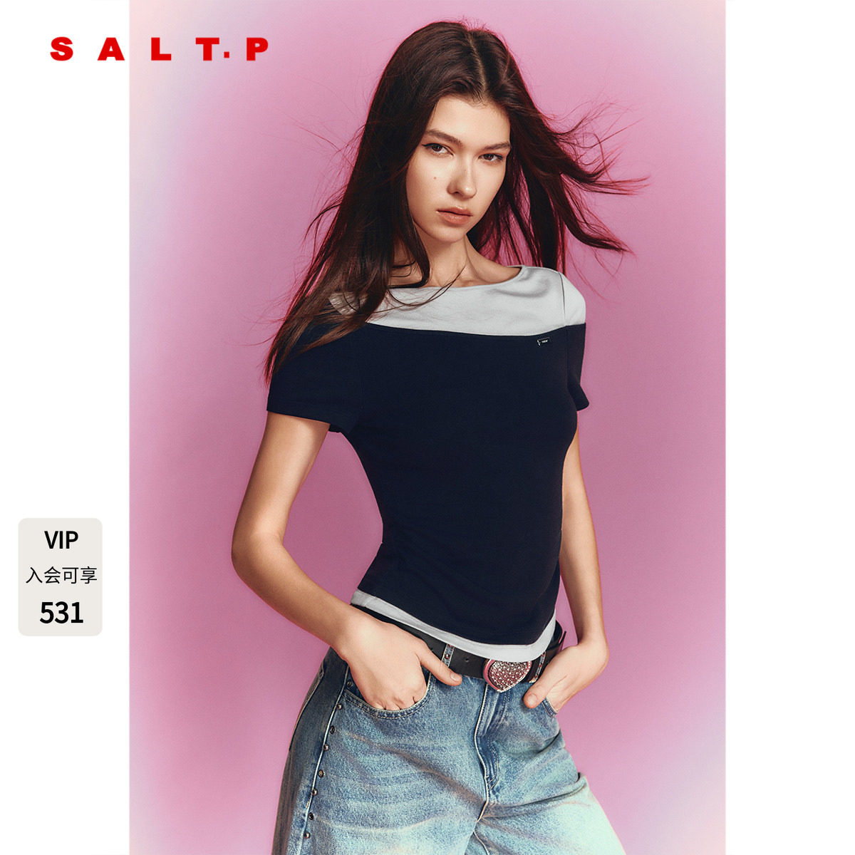SALT.P可颜撞色一字肩短袖针织上衣女2026夏季新款AC36260110图片